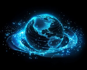 Poster - An abstract concept of global connectivity, with glowing data points and cyber technology pathways enveloping the Earth, symbolizing data transfer in the digital age