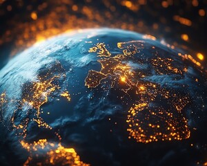 Poster - An abstract concept of global connectivity, with glowing data points and cyber technology pathways enveloping the Earth, symbolizing data transfer in the digital age
