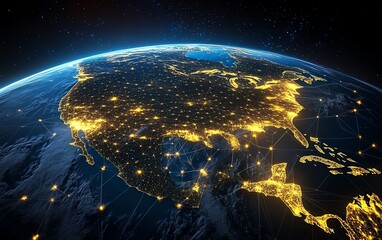 Poster - A dynamic digital Earth with vibrant lines of data transfer, cyber technology elements, and glowing network nodes connecting major cities worldwide