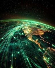 Poster - A futuristic concept of global network connectivity on Earth, with glowing digital lines and data streams connecting continents, symbolizing cyber technology