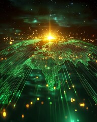 Poster - A futuristic concept of global network connectivity on Earth, with glowing digital lines and data streams connecting continents, symbolizing cyber technology