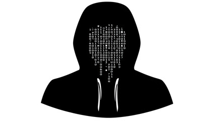 A silhouette of a person in a hoodie with a heart made of binary code.