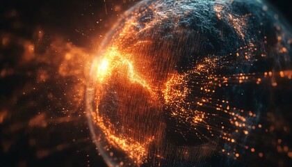 Poster - A global network on Earth with glowing data pathways and connected digital nodes, illustrating the power and reach of modern cyber technology and data transfer