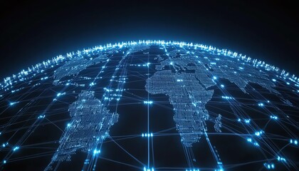Poster - A global network on Earth with glowing data pathways and connected digital nodes, illustrating the power and reach of modern cyber technology and data transfer