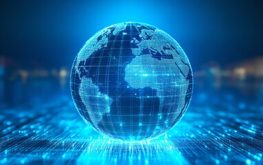 Poster - a hightech digital globe with interconnected nodes, data transfer lines, and cybernetic elements, re