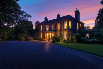 Poster - Luxurious mansion illuminated at dusk surrounded by lush gardens and a serene landscape. Generative AI