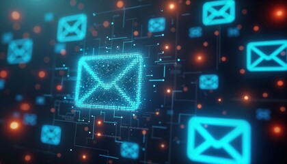 Leinwandbilder - Futuristic email icons glow in cyberspace. Digital message symbols float on network pathway. Abstract tech concept with glowing neon light. Virtual email communication in digital space. Modern