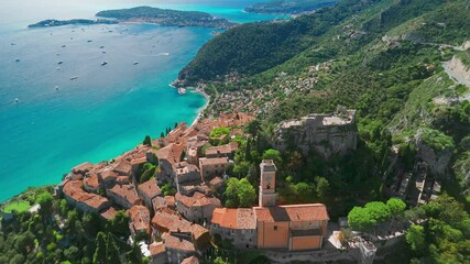 Wall Mural - Aerial view of the medieval village of Eze, French Riviera, France.