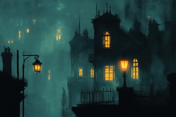 Aufkleber - Mysterious dark cityscape at night with glowing windows and streetlamps. Generative AI