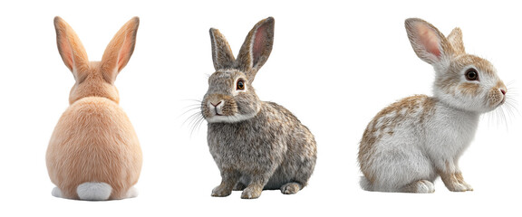 a set of three realistic rabbits on a transparent background, showcasing various poses and fur color