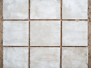 Wall Mural - Environmental Concepts in Civil Engineering Construction. A grid of square concrete tiles laid out on a sandy surface, showcasing a simple, minimalist design.