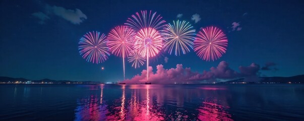 Colorful fireworks illuminate the night sky above calm water, reflecting onto dark blue ocean surface, water, sky