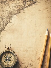 Poster - Vintage map accompanied by compass and pencil creates a perfect setup for exploration and adventure planning. Generative AI