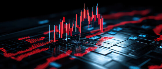 Poster - close up of digital screen displaying fluctuating stock market data with vibrant red and blue graphs, showcasing market trends and analysis