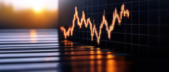 Poster - close up of digital screen displaying fluctuating stock market data, showcasing vibrant candlestick patterns against sunset backdrop