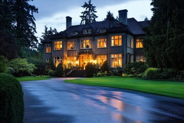 Poster - Luxury mansion illuminated at dusk surrounded by lush greenery and a serene driveway in a tranquil neighborhood setting. Generative AI
