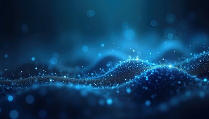 Poster - abstract futuristic digital tech backdrop. blue glowing particles form wavy shapes. dark blue backgr