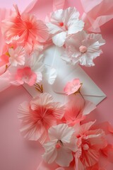 Wall Mural - white envelope with pink flowers on it. the flowers are pink and white and are arranged in a way tha