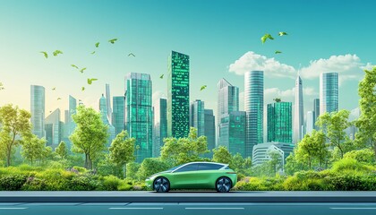 Wall Mural - A futuristic World Environment Day scene with green buildings, electric cars, and renewable energy, showcasing an ecoconscious and sustainable world