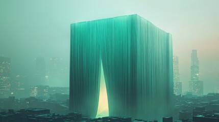 Poster - Futuristic city with a mysterious, glowing, teal fabric-covered cube.