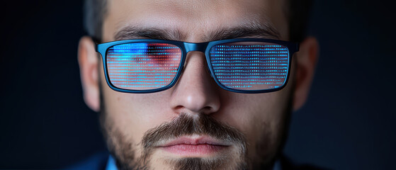 Poster - close up of young programmer wearing glasses with digital reflections, showcasing focused expression