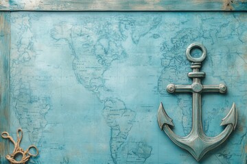 Poster - Nautical decor featuring a vintage anchor and a world map for maritime enthusiasts. Generative AI