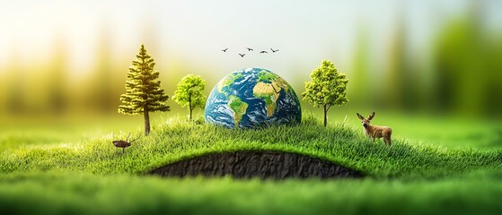 Wall Mural - Earth Day concept with a green Earth, abundant trees, wildlife, and oceans, symbolizing ecofriendly choices to preserve nature for future generations