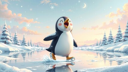 Cheerful penguin ice skating on frozen lake at sunrise in winter wonderland