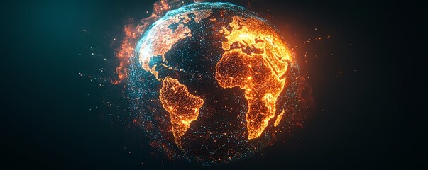 Aufkleber - A dynamic digital Earth with vibrant lines of data transfer, cyber technology elements, and glowing network nodes connecting major cities worldwide