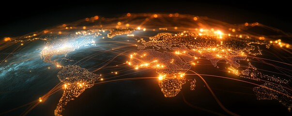 Aufkleber - A dynamic digital Earth with vibrant lines of data transfer, cyber technology elements, and glowing network nodes connecting major cities worldwide