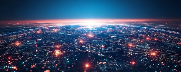 Aufkleber - A dynamic digital Earth with vibrant lines of data transfer, cyber technology elements, and glowing network nodes connecting major cities worldwide