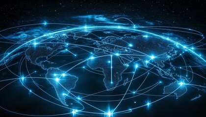 Poster - A futuristic concept of global network connectivity on Earth, with glowing digital lines and data streams connecting continents, symbolizing cyber technology