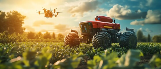 Aufkleber - A futuristic robot farmer working in a field, surrounded by autonomous machines, drones, and smart sensors, optimizing agriculture with technology