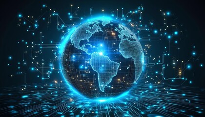 Aufkleber - A global network on Earth with glowing data pathways and connected digital nodes, illustrating the power and reach of modern cyber technology and data transfer