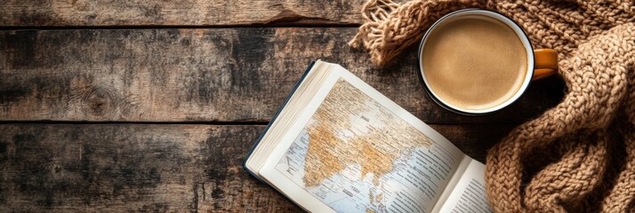 Aufkleber - Cozy flatlay setup with coffee and travel guide on wooden table inviting exploration and relaxation. Generative AI