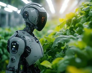 Poster - A robot farmer in a lush, automated farm, surrounded by advanced machinery and sensors, revolutionizing agriculture with technology and sustainability
