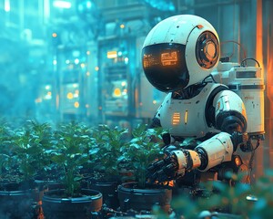 Aufkleber - A robot farmer in a lush, automated farm, surrounded by advanced machinery and sensors, revolutionizing agriculture with technology and sustainability