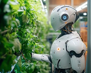 Poster - A robot farmer in a lush, automated farm, surrounded by advanced machinery and sensors, revolutionizing agriculture with technology and sustainability