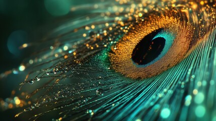 Poster - Close up view of a peacock feather adorned with dew drops, showcasing vibrant colors and natural beauty. Generative AI