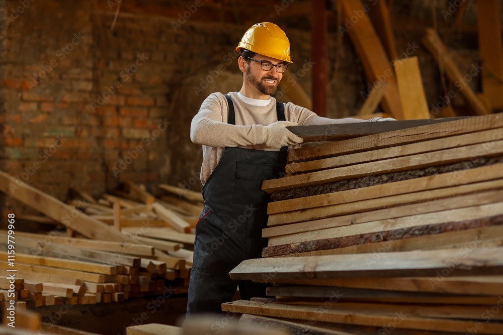 Male carpenter with stack of wooden planks at sawmill