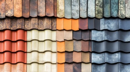 Leinwandbilder - Variety of roof coverings displayed in a collage showcasing diverse materials and colors in urban architecture. Generative AI