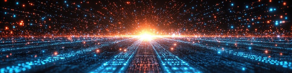 Poster - A vibrant digital landscape with glowing particles converging towards a central light source.