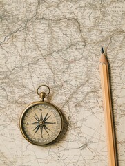 Poster - Vintage map with compass and pencil on white background for travel planning and exploration mockup. Generative AI