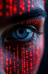 Poster - Closeup view of human eye with binary code displayed on face. Digital data overlaying facial features. Privacy data surveillance concept. Futuristic tech aesthetic. Eye personal information