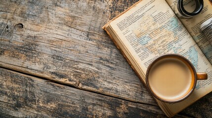 Aufkleber - Cozy travel flatlay with coffee and an open guidebook on rustic wooden table. Generative AI