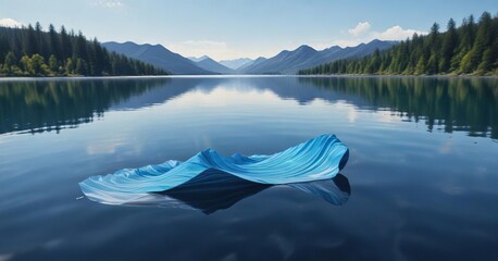Wall Mural - Blue wave made of paper floating on a calm lake surface, paper waves, lake, calmness