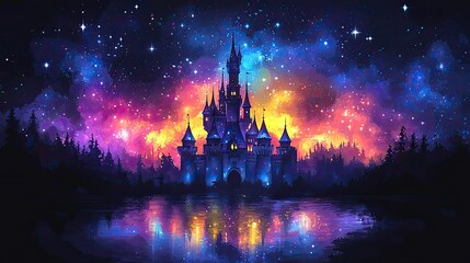 a vibrant fantasy castle illuminated by a colorful night sky and reflected in a serene lake.