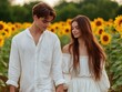 © pisan - Capture the essence of love and partnership with this heartwarming image of a couple walking hand-in-hand through a field of sunflowers This high-quality picture showcases the beauty of nature and