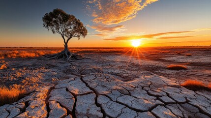 Poster - Cracked dry lakebed showcases resilience of nature under a blazing sun during golden hour. Generative AI
