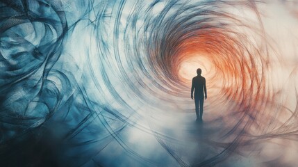 Aufkleber - Silhouette navigating a surreal whirlwind of lines and colors representing loneliness and isolation in a vast abstract landscape. Generative AI